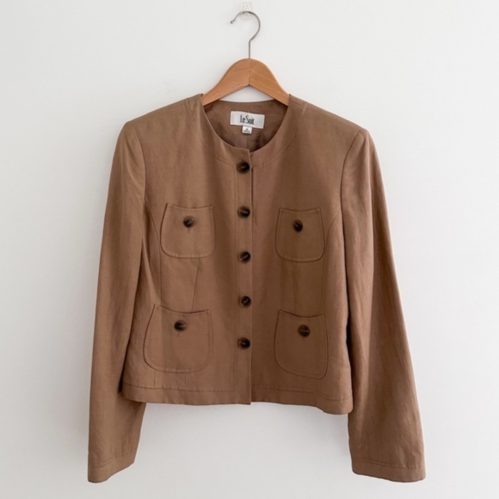 Vintage 90s Le Suit Linen Blend Cropped Jacket Neutral Minimal Tailored Size 10